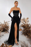 Black Bateau Sheath Corset Velvet Formal Dress with Slit