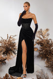 Black Bateau Sheath Corset Velvet Formal Dress with Slit