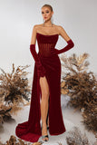 Black Bateau Sheath Corset Velvet Formal Dress with Slit