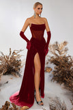 Black Bateau Sheath Corset Velvet Formal Dress with Slit