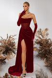 Black Bateau Sheath Corset Velvet Formal Dress with Slit