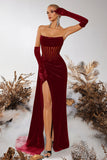 Black Bateau Sheath Corset Velvet Formal Dress with Slit