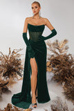 Black Bateau Sheath Corset Velvet Formal Dress with Slit