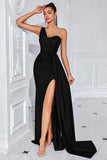 Mermaid Black One Shoulder Sweep Train Formal Dress with Slit
