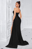 Mermaid Black One Shoulder Sweep Train Formal Dress with Slit