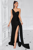Mermaid Black One Shoulder Sweep Train Formal Dress with Slit