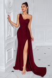 Mermaid Black One Shoulder Sweep Train Formal Dress with Slit