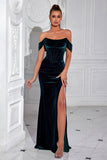 Mermaid Dark Green Off the Shoulder Velvet Formal Dress with Slit