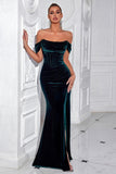 Mermaid Dark Green Off the Shoulder Velvet Formal Dress with Slit