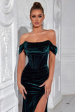 Mermaid Dark Green Off the Shoulder Velvet Formal Dress with Slit