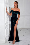 Mermaid Dark Green Off the Shoulder Velvet Formal Dress with Slit