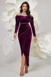 Dark Purple Velvet Sheath Ruched Formal Dress