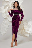 Dark Purple Velvet Sheath Ruched Formal Dress