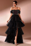 Sparkly Black Off the Shoulder Sequins Tiered Porm Dress with Slit