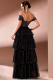 Sparkly Black Off the Shoulder Sequins Tiered Porm Dress with Slit