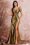 One Shoulder Golden Mermaid Pleated Prom Dress