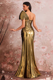 One Shoulder Golden Mermaid Pleated Prom Dress