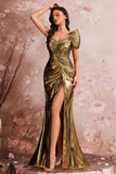 One Shoulder Golden Mermaid Pleated Prom Dress