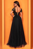 Black Square Neck A Line Prom Dress with Slit
