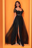 Black Square Neck A Line Prom Dress with Slit
