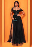 Black Square Neck A Line Prom Dress with Slit