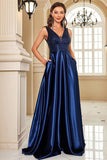 Navy V-Neck A Line Prom Dress with Pockets