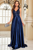 Navy V-Neck A Line Prom Dress with Pockets