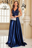 Navy V-Neck A Line Prom Dress with Pockets