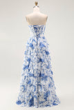 Blue White Flower A-Line Tiered Corset Long Prom Dress with Slit