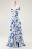 Blue White Flower A-Line Tiered Corset Long Prom Dress with Slit