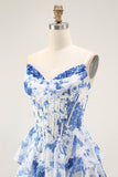 Blue White Flower A-Line Tiered Corset Long Prom Dress with Slit