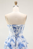 Blue White Flower A-Line Tiered Corset Long Prom Dress with Slit