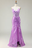 Sparkly Mermaid Purple Corset Appliqued Prom Dress With Slit