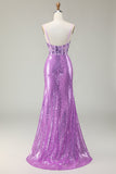 Sparkly Mermaid Purple Corset Appliqued Prom Dress With Slit
