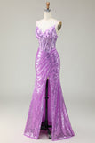Sparkly Mermaid Purple Corset Appliqued Prom Dress With Slit