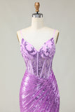 Sparkly Mermaid Purple Corset Appliqued Prom Dress With Slit
