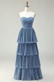 Strapless Dusty Blue A-Line Pleated Tiered Long Bridesmaid Dress