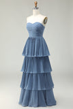 Strapless Dusty Blue A-Line Pleated Tiered Long Bridesmaid Dress