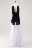 Black White A-Line Strapless Formal Dress With Halter Scarf