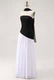 Black White A-Line Strapless Formal Dress With Halter Scarf
