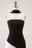 Black White A-Line Strapless Formal Dress With Halter Scarf