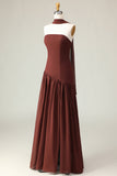 Brown A-Line Strapless Evening Dress with a Neck Scarf