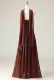 Brown A-Line Strapless Evening Dress with a Neck Scarf