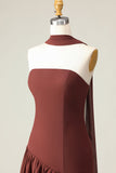Brown A-Line Strapless Evening Dress with a Neck Scarf