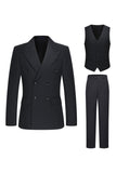Black 3 Piece Peak Lapel Double Breasted Men's Business Suits