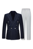 Dark Blue Double Breasted Peak Lapel Tailored 2 Piece Men's Suits