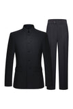 2 Piece Single Breasted Black Slim Fit Men's Mandarin Collar Suit