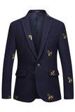 Navy Notched Lapel One Button Embroidered Men's Blazer