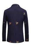 Navy Notched Lapel One Button Embroidered Men's Blazer