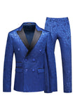 Peak Lapel Jacquard 2 Piece Blue Double Breasted Men's Suits